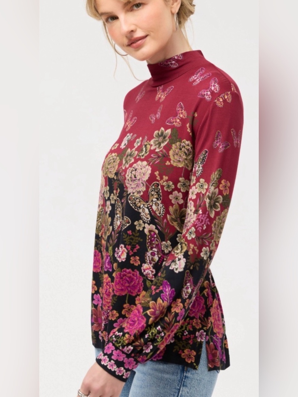 Johnny Was The Janie Favorite Puff Sleeve Mock Neck Karie Butterfly Rayon Sz Xs